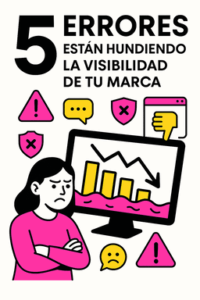 Ilustración minimalista sobre los 5 errores que hunden la visibilidad de tu marca, con gráficos en caída, iconos de advertencia y profesionales preocupados en blanco, negro, rosa #ff059f y amarillo #efe509.