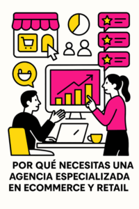 Ilustración minimalista sobre la importancia de una agencia especializada en ecommerce y retail, con profesionales colaborando, gráficos de crecimiento y elementos de tiendas online en blanco, negro, rosa #ff059f y amarillo #efe509.