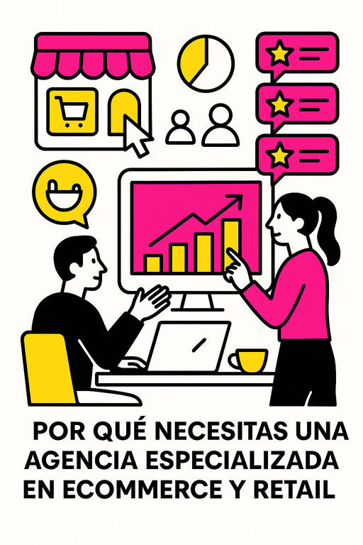 Ilustración minimalista sobre la importancia de una agencia especializada en ecommerce y retail, con profesionales colaborando, gráficos de crecimiento y elementos de tiendas online en blanco, negro, rosa #ff059f y amarillo #efe509.