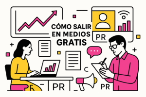 Ilustración minimalista sobre cómo salir en medios gratis, con periodistas y profesionales de PR trabajando con gráficos y comunicación, en blanco, negro, rosa #ff059f y amarillo #efe509.