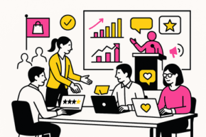 Ilustración minimalista sobre cómo un evento estratégico aporta valor más allá de la asistencia, con ponentes, gráficos y profesionales colaborando en un entorno corporativo en blanco, negro, rosa #ff059f y amarillo #efe509.