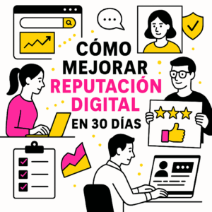 Ilustración minimalista sobre cómo mejorar la reputación digital en 30 días, con profesionales trabajando con ordenadores, gráficos y valoraciones online, en blanco, negro, rosa #ff059f y amarillo #efe509.
