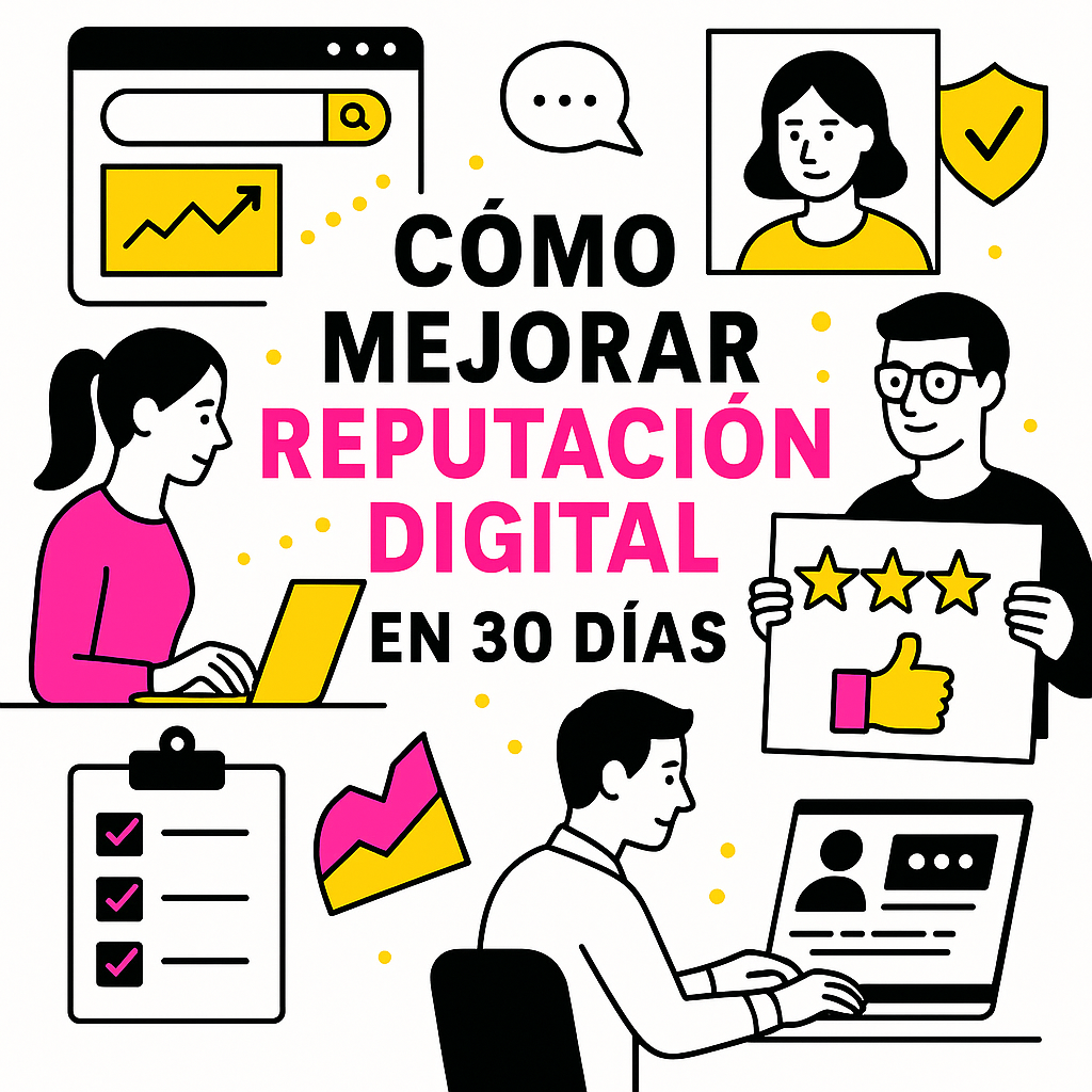 Ilustración minimalista sobre cómo mejorar la reputación digital en 30 días, con profesionales trabajando con ordenadores, gráficos y valoraciones online, en blanco, negro, rosa #ff059f y amarillo #efe509.