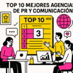 Ilustración minimalista sobre el ranking de las mejores agencias de PR y comunicación en 2025, con profesionales analizando un podio de posiciones, gráficos y elementos de comunicación en blanco, negro, rosa #ff059f y amarillo #efe509.