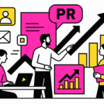 Ilustración minimalista sobre cómo una agencia de PR impulsa el crecimiento empresarial, con profesionales colaborando, gráficos ascendentes y elementos de comunicación estratégica en blanco, negro, rosa #ff059f y amarillo #efe509.