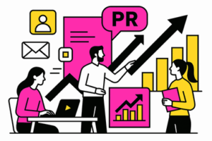 Ilustración minimalista sobre cómo una agencia de PR impulsa el crecimiento empresarial, con profesionales colaborando, gráficos ascendentes y elementos de comunicación estratégica en blanco, negro, rosa #ff059f y amarillo #efe509.