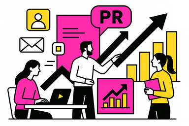 Ilustración minimalista sobre cómo una agencia de PR impulsa el crecimiento empresarial, con profesionales colaborando, gráficos ascendentes y elementos de comunicación estratégica en blanco, negro, rosa #ff059f y amarillo #efe509.