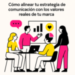 Ilustración minimalista de tres profesionales colaborando para alinear la estrategia de comunicación con los valores reales de una marca, con gráficos, iconos y colores negro, rosa (#ff059f) y amarillo (#efe509) sobre fondo blanco.