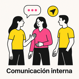 Ilustración minimalista que representa la comunicación interna, con tres profesionales de pie conversando y conectando ideas mediante iconos de diálogo y dirección, en colores negro, rosa (#ff059f) y amarillo (#efe509) sobre fondo blanco.