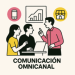 Ilustración minimalista que representa la comunicación omnicanal, con una profesional de camiseta amarilla y un compañero de pie con camiseta rosa, analizando estrategias en una oficina moderna con iconos de móvil, tienda y gráfico.