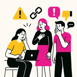 Ilustración minimalista que representa una crisis de reputación en ecommerce, con tres profesionales preocupados frente a un portátil, rodeados de iconos de alerta, enlace roto y reacciones negativas, en colores negro, rosa (#ff059f) y amarillo (#efe509) sobre fondo blanco.