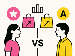 Ilustración minimalista de dos profesionales comparando elementos visuales de marca, con texto “Diagnóstico de marca” correctamente acentuado, en colores negro, rosa (#ff059f) y amarillo (#efe509) sobre fondo blanco.