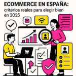 Ilustración minimalista sobre cómo elegir una agencia de PR para ecommerce en España, con profesionales analizando gráficos, listas de verificación y elementos digitales en blanco, negro, rosa #ff059f y amarillo #efe509.