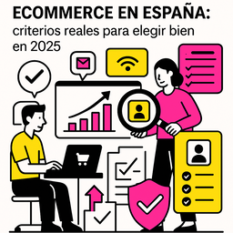 Ilustración minimalista sobre cómo elegir una agencia de PR para ecommerce en España, con profesionales analizando gráficos, listas de verificación y elementos digitales en blanco, negro, rosa #ff059f y amarillo #efe509.