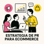 Ilustración minimalista de profesionales planificando una estrategia de PR para ecommerce en una oficina moderna, con gráficos, iconos de comunicación y colores negro, rosa (#ff059f) y amarillo (#efe509) sobre fondo blanco.
