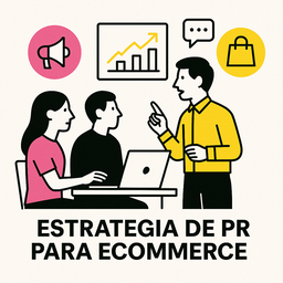 Ilustración minimalista de profesionales planificando una estrategia de PR para ecommerce en una oficina moderna, con gráficos, iconos de comunicación y colores negro, rosa (#ff059f) y amarillo (#efe509) sobre fondo blanco.