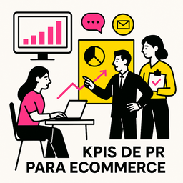 Ilustración minimalista de profesionales analizando KPIs de PR para ecommerce en una oficina moderna, con gráficos, pantallas y colores negro, rosa y amarillo sobre fondo blanco.
