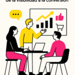 Ilustración minimalista que representa las tendencias de comunicación ecommerce 2026, con tres profesionales analizando gráficos, métricas y conversiones en colores negro, rosa (#ff059f) y amarillo (#efe509) sobre fondo blanco.