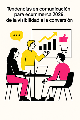 Ilustración minimalista que representa las tendencias de comunicación ecommerce 2026, con tres profesionales analizando gráficos, métricas y conversiones en colores negro, rosa (#ff059f) y amarillo (#efe509) sobre fondo blanco.