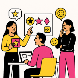 Ilustración minimalista sin texto que muestra a tres profesionales comparando distintas opciones representadas con iconos de estrellas, figuras geométricas y símbolos de valoración, en colores negro, rosa (#ff059f) y amarillo (#efe509) sobre fondo blanco.