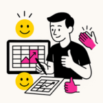 Ilustración minimalista que representa el concepto de earned media, con un profesional revisando una tabla de datos en ordenador y tablet, rodeado de iconos de éxito, aplausos y sonrisas, en colores negro, rosa (#ff059f) y amarillo (#efe509) sobre fondo blanco.