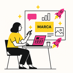 Ilustración minimalista que muestra a una profesional elaborando un plan de comunicación para un lanzamiento de ecommerce, frente a un mood board con la palabra “Marca” en el centro, gráficos, cohetes y elementos creativos en colores negro, rosa (#ff059f) y amarillo (#efe509) sobre fondo blanco.