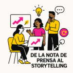 Ilustración minimalista que representa la evolución de la nota de prensa al storytelling, con tres profesionales colaborando frente a gráficos ascendentes, iconos de ideas y comunicación, en colores negro, rosa (#ff059f) y amarillo (#efe509) sobre fondo blanco.