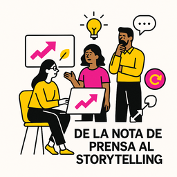 Ilustración minimalista que representa la evolución de la nota de prensa al storytelling, con tres profesionales colaborando frente a gráficos ascendentes, iconos de ideas y comunicación, en colores negro, rosa (#ff059f) y amarillo (#efe509) sobre fondo blanco.