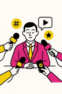 Ilustración minimalista que muestra a un portavoz mantiendo la calma mientras está rodeado de micrófonos, cámaras y teléfonos de prensa, en colores negro, rosa (#ff059f) y amarillo (#efe509) sobre fondo blanco.