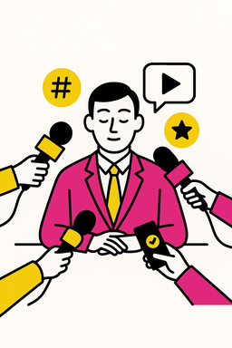 Ilustración minimalista que muestra a un portavoz mantiendo la calma mientras está rodeado de micrófonos, cámaras y teléfonos de prensa, en colores negro, rosa (#ff059f) y amarillo (#efe509) sobre fondo blanco.