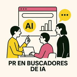 Ilustración minimalista de tres profesionales trabajando en estrategias de PR en buscadores de IA, con pantallas, gráficos y el icono “AI”, en colores negro, rosa (#ff059f) y amarillo (#efe509) sobre fondo blanco.