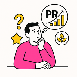 Ilustración minimalista que muestra a un profesional pensando sobre cómo medir el PR en ecommerce, con iconos de crecimiento, una estrella y un signo de interrogación en colores negro, rosa (#ff059f) y amarillo (#efe509) sobre fondo blanco.