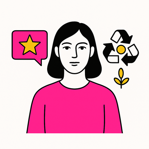 Ilustración minimalista que muestra a una profesional mirando al frente, con un icono de estrella en un bocadillo a su izquierda representando la reputación y un símbolo de reciclaje con una hoja a su derecha representando la sostenibilidad, en colores negro, rosa (#ff059f) y amarillo (#efe509) sobre fondo blanco.