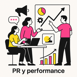 Ilustración minimalista que representa la relación entre PR y performance, con tres profesionales analizando gráficos, métricas e indicadores de comunicación, en colores negro, rosa (#ff059f) y amarillo (#efe509) sobre fondo blanco.
