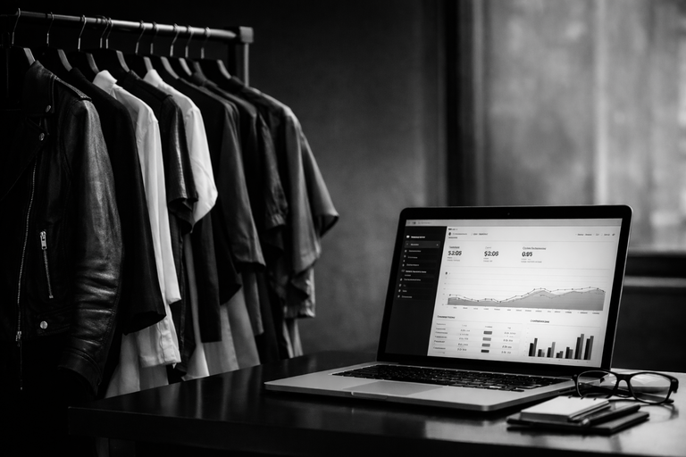 Plataforma SaaS de moda ecommerce con análisis de datos y gestión digital en un entorno profesional en blanco y negro
