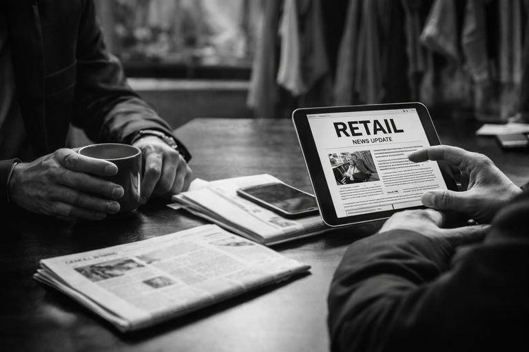 Estrategia de PR para una marca de retail tecnológico con presencia en medios especializados, ilustrada en una reunión profesional en blanco y negro