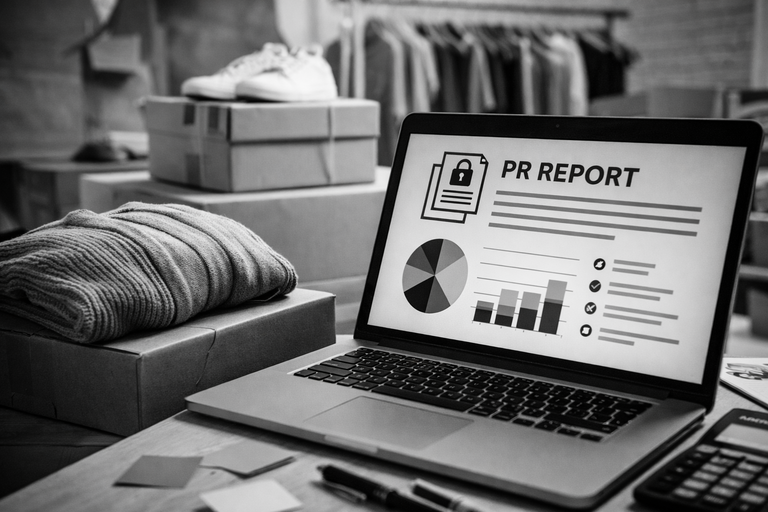 Devoluciones de moda en ecommerce con informe de PR en un ordenador, ilustrando una estrategia de PR para ecommerce