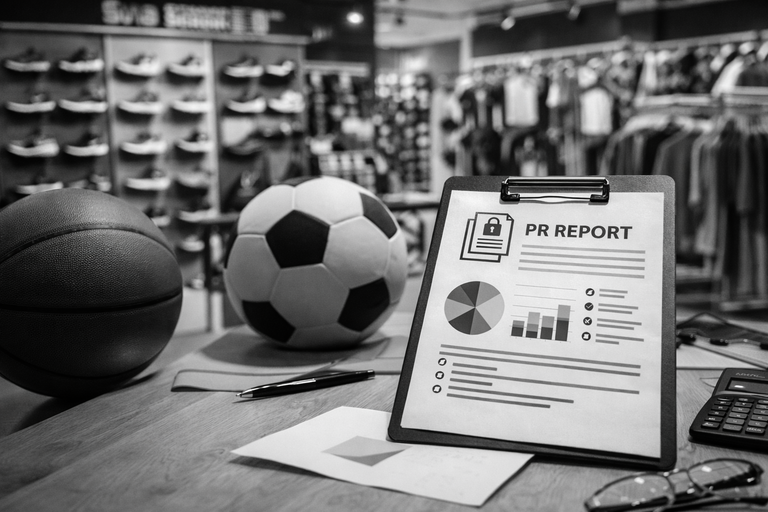 Tienda deportiva con un informe de PR para retail sobre una mesa, ilustrando una estrategia de posicionamiento en medios