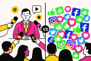 Ilustración minimalista dividida en dos mitades que representa autoridad vs visibilidad: a la izquierda un directivo en rueda de prensa con micrófonos y público, y a la derecha iconos de redes sociales y likes, en colores negro, rosa (#ff059f) y amarillo (#efe509) sobre fondo blanco para ilustrar la autoridad de marca en el ecommerce