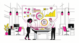 Ilustración minimalista de consultores de ADIRIA analizando el GEO (Generative Engine Optimization) y la reputación en buscadores generativos de IA.