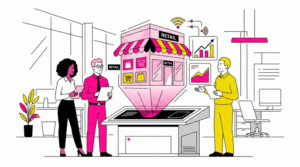 Ilustración minimalista de consultores de ADIRIA analizando tendencias de retail y PR estratégico en un entorno digital e industrial.