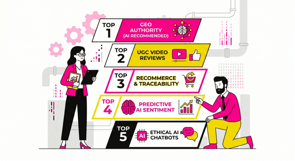 Ilustración minimalista de ADIRIA que muestra a dos consultores gestionando un panel con estrategias de reputación online para un ecommerce. Se ven iconos de red neuronal (IA), escudos de confianza, estrellas de reseñas y un flujo de comunicación bidireccional en rosa, amarillo y negro.
