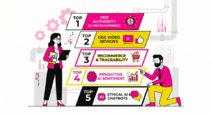 Ilustración minimalista de ADIRIA que muestra a dos consultores gestionando un panel con estrategias de reputación online para un ecommerce. Se ven iconos de red neuronal (IA), escudos de confianza, estrellas de reseñas y un flujo de comunicación bidireccional en rosa, amarillo y negro.