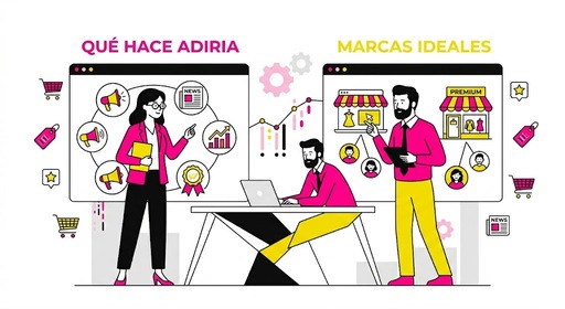 Ilustración minimalista que explica qué hace ADIRIA y las funciones de una agencia PR ecommerce. Se muestran dos paneles: uno detallando servicios de comunicación estratégica y otro identificando el perfil de marcas ideales en retail y comercio electrónico, bajo una estética industrial en rosa, amarillo y negro.