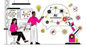 Ilustración estilo industrial minimalista de ADIRIA en rosa, amarillo y negro. Muestra a profesionales y una mano robótica analizando una red de datos titulada cómo la ia recomienda tu marca para lograr recomendaciones de marca.