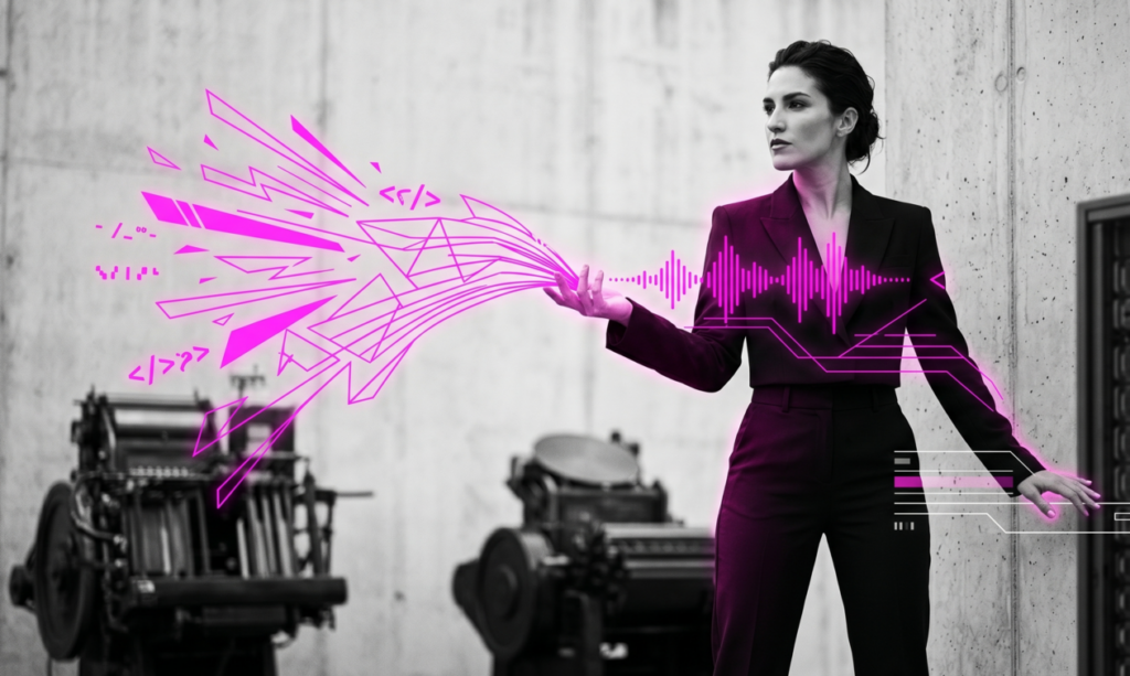 Mujer de pie con traje negro en entorno industrial sosteniendo una onda de datos y código en rosa neón, simbolizando la integración de PR y Prompt Positioning de ADIRIA.