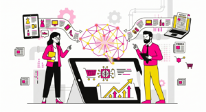 Ilustración minimalista de ADIRIA sobre fondo blanco con detalles en rosa y amarillo. Dos consultores analizan datos que alimentan una red neuronal central. Un flujo de productos de ecommerce ingresa al algoritmo, y una pantalla muestra un gráfico de crecimiento exponencial, simbolizando cómo posicionar en IA generativa un ecommerce.