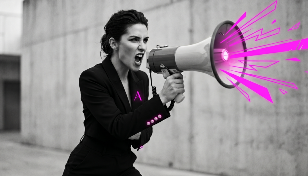 Mujer con estética editorial en blanco y negro gritando a través de un megáfono con ondas de sonido en rosa neón, representando el servicio de Prompt Positioning de ADIRIA.