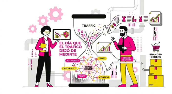 Ilustración minimalista de ADIRIA con fondo blanco. Una consultora con pelo rizado y un consultor analizan un gran reloj de arena donde los números de tráfico web caen y se transforman en una red neuronal de identidad y autoridad de marca. Estilo geométrico e industrial en rosa, amarillo y negro que simboliza el posicionamiento de marca en ecommerce