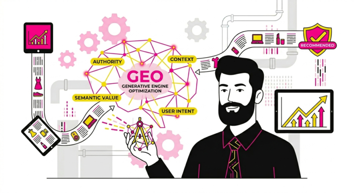 Primer plano de un consultor barbudo de ADIRIA con gafas, explicando qué es el GEO para ecommerce. Sostiene un dispositivo geométrico que proyecta datos de IA. De fondo, una red neuronal con los textos 'GEO', 'GENERATIVE ENGINE OPTIMIZATION', 'AUTHORITY', 'USER INTENT' y 'CONTEXT', en rosa, amarillo y negro sobre blanco. Ilustración minimalista.